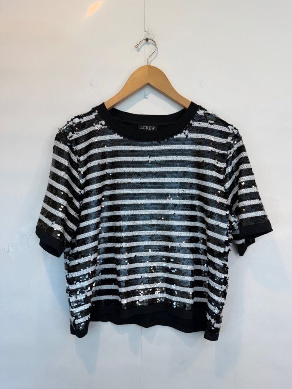 J. Crew Black and Silver Striped Sequin Short-Sleeve Top